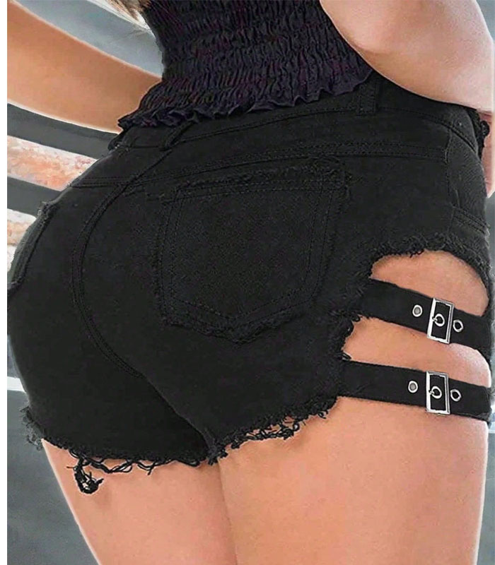 sexy Black Strappy Denim Cut Off Shorts