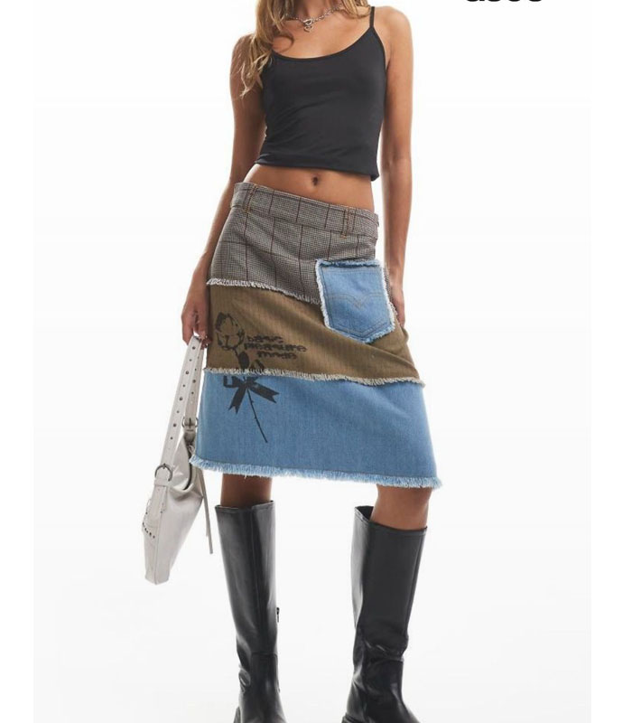 Basic Pleasure Mode panelled denim and herringbone midi skirt in multi