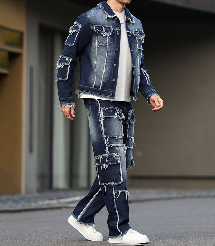 Men's Casual Washed Distressed Denim Jacket And Pants Set