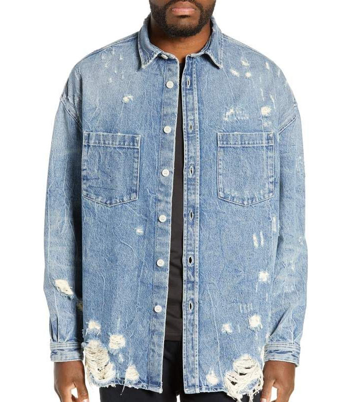 Vintage Light Blue Denim Shirt – Distressed Stone Wash & Crinkle Texture Casual Oversized Shirt for Men