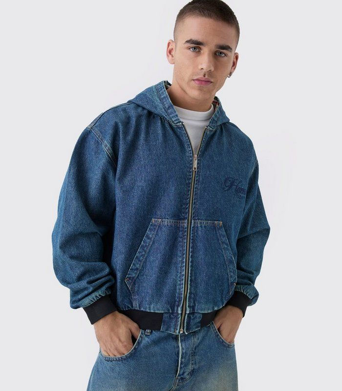 Men's Dark Blue Washed Embroidered Zip-Up Casual Hooded Denim Jacket – Stylish Square Cut Streetwear