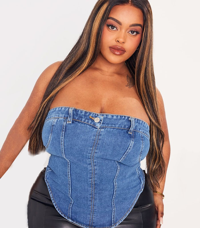 Plus Size Denim Bustier Top - Raw Edge Stitching Curve Hugging Design Sexy Corset Style Crop Top for Wome