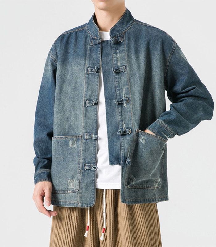 Men's Vintage Washed Denim Jacket Chinese Style Retro Spring/Autumn Coat, Fashion Casual Embroidery Jacket