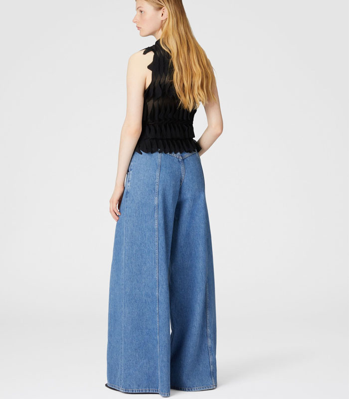 Women's Medium Blue Washed Distressed Wide-Leg Jeans – High Waist Retro Denim Pants with Raw Hem Stitching Details
