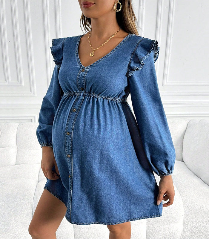 Maternity Casual Loose V-Neck Long Sleeve Blue Denim Dress