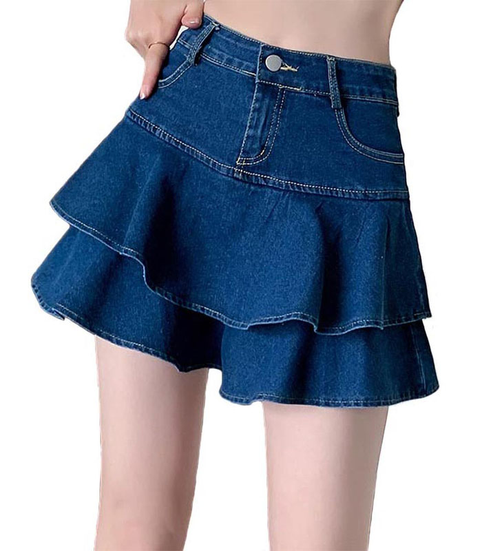 Women's Casual Denim Mini Skirt Ruffled Slim A-line Pleated Jean Short Skirt
