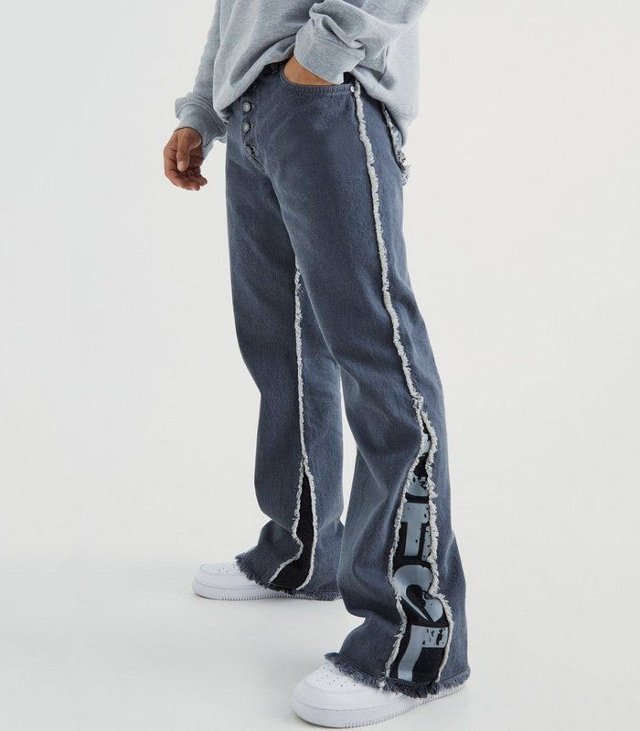 Streetwear Light Blue Jeans Distressed Washed Denim with Patchwork Design, Relaxed Straight Fit