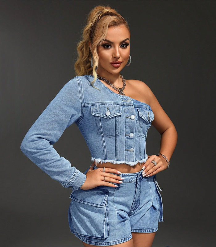 Summer Fashion One Shoulder Raw Hem Cropped Denim Top