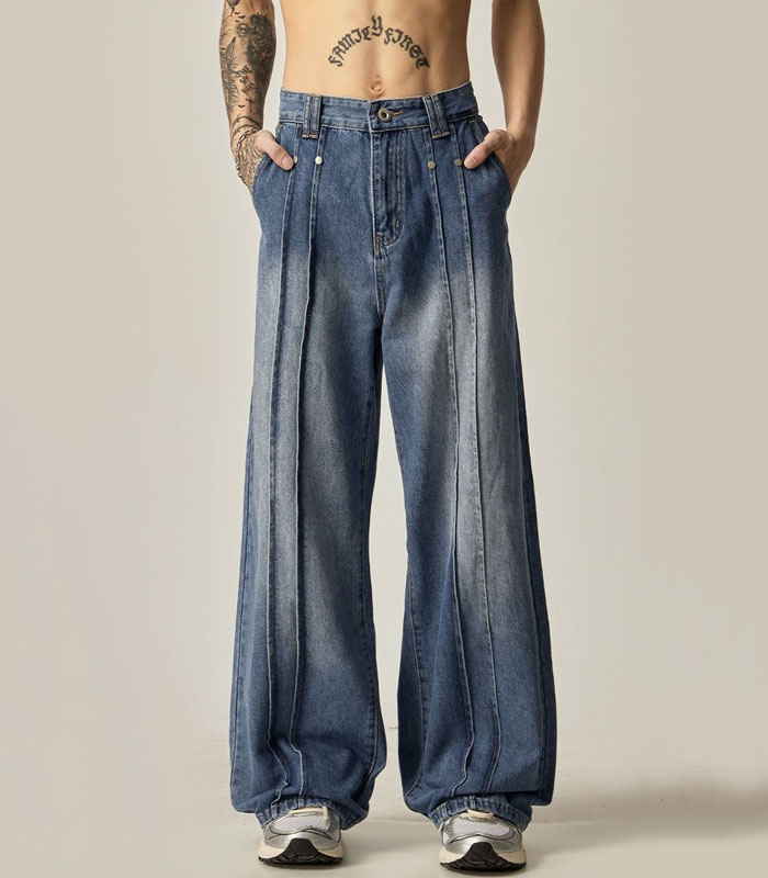 Vintage Washed Men's Wide-Leg Jeans – Distressed Stitch Detail Relaxed Fit Retro Denim Pants