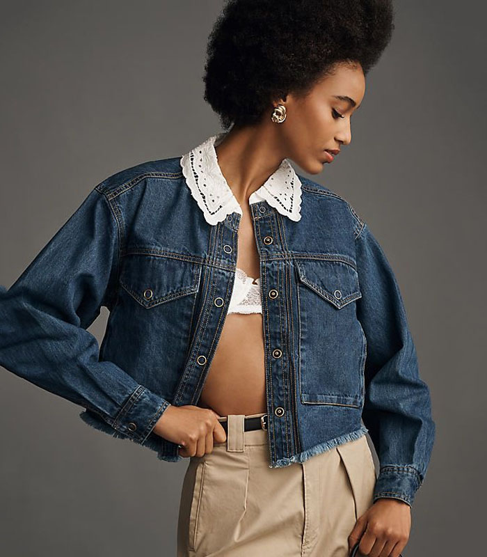 Stylish Cropped Denim Jacket for Women – Dark Blue, Mesh Collar & Distressed Hem