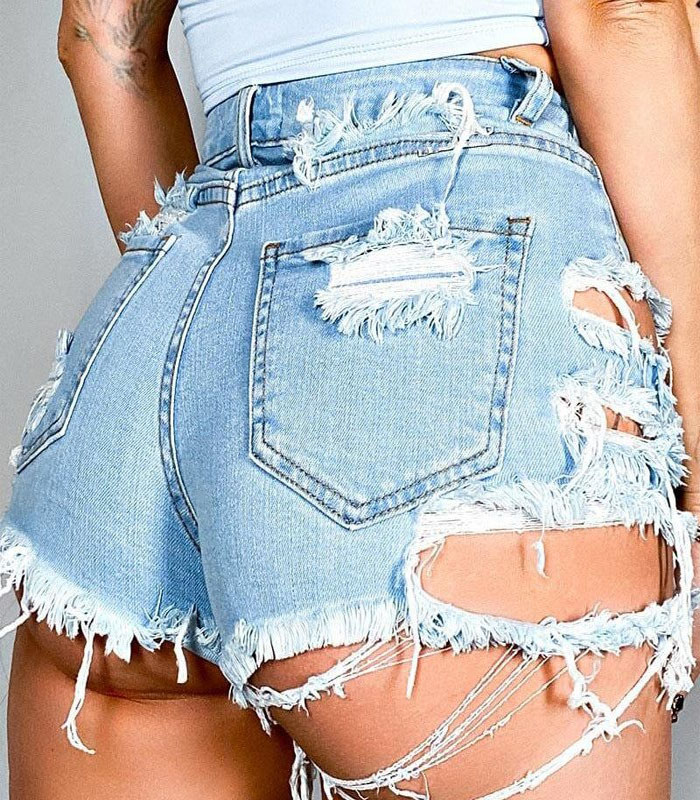 Women's Fashion Asymmetrical Frayed Denim Shorts Light Blue Destroyed High Waist Sexy Short Shorts
