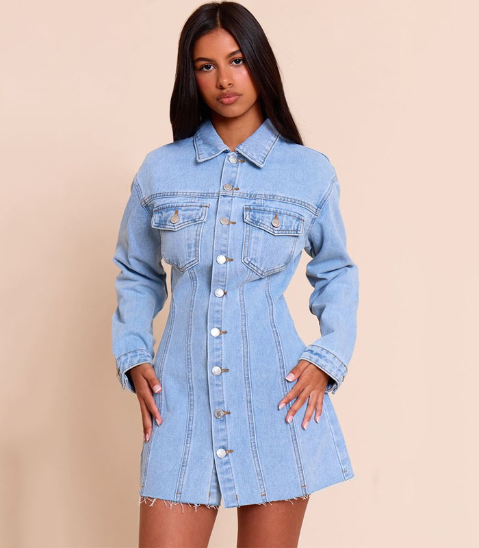Petite Light Blue Denim Long Sleeve Fitted Mini Dress