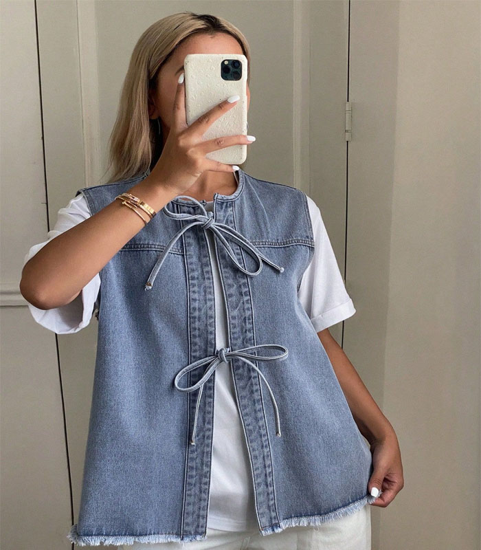Women's Bow Decor Drawstring Loose Denim Vest top Casual Sleeveless Denim Jacket