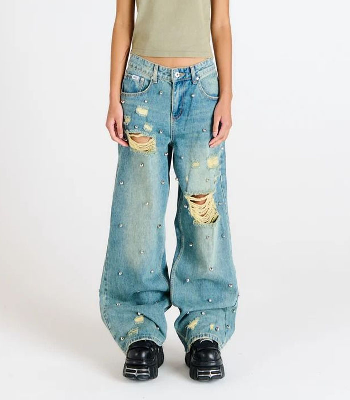 Light Blue Vintage Wash Distressed Wide-Leg Jeans with Pearl Embellishments & Raw Hem