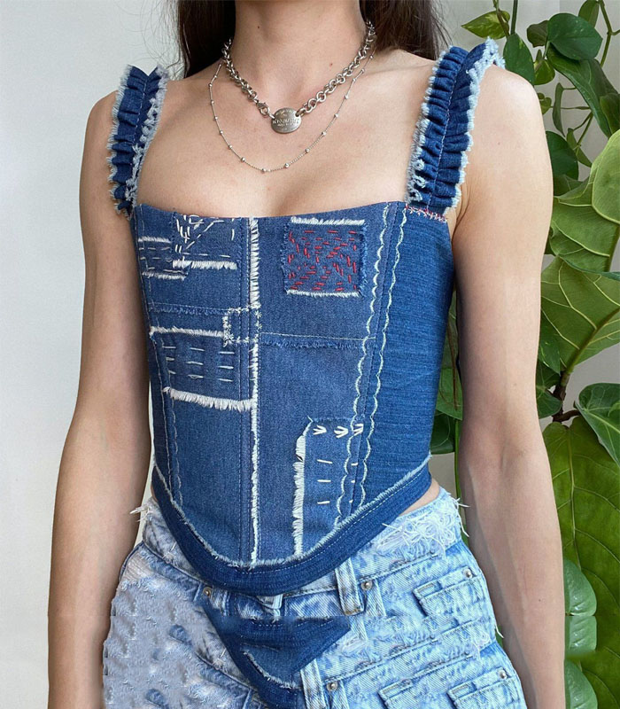 Custom Embroidered Patched Denim corset tops - Edgy Streetwear Fashion