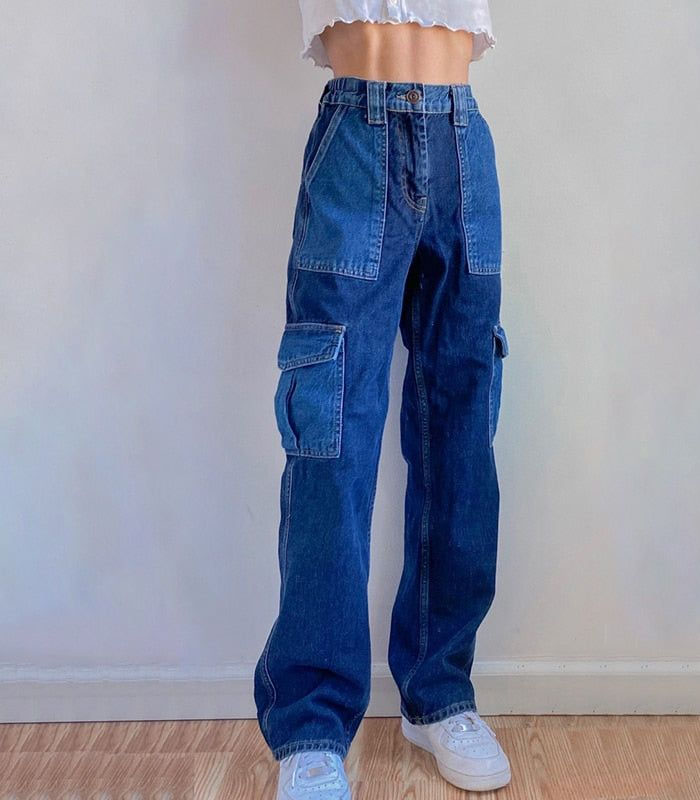 Women's high waisted elastic waistband cargo straight-leg jeans – stylish practical with oversized pockets