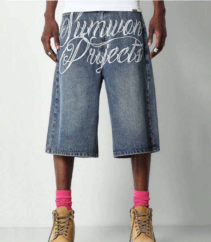 Custom Screen-Printed Acid Wash Light Blue Denim Wide-Leg Pants – Unique Artistic Design