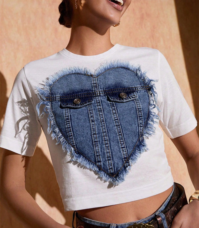 Denim Heart Design Crop T-Shirt Cotton Material, Round Neck, Decorative Denim Pocket Detail, Distressed Heart Pattern, Short Sleeves, Casual Wear