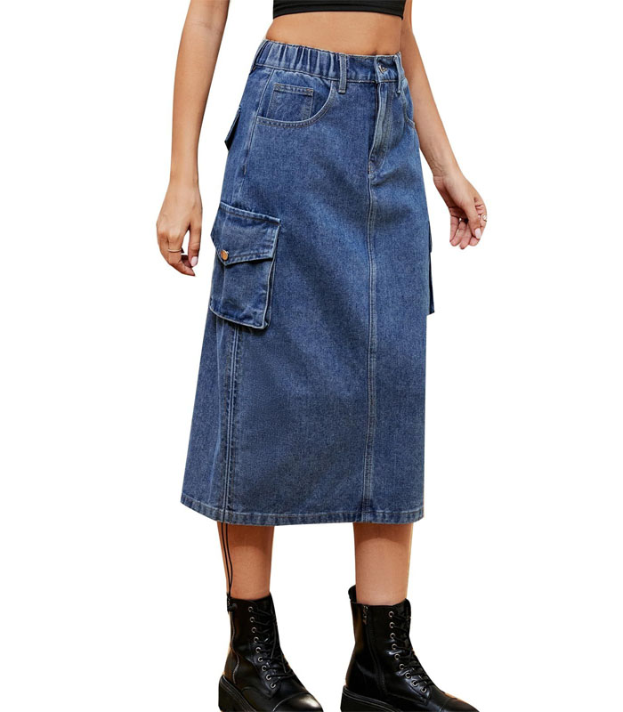 Women's Cargo Skirts Drawstring Denim Skirts Elastic Midi Long Pencil Skirt Casual High Waisted Jean Skirt with Pockets