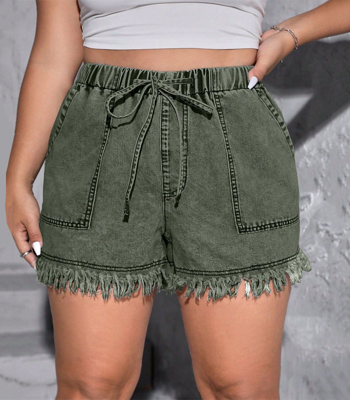 Plus Size Distressed Denim Shorts Military Green Washed Cotton High Waist with Frayed Hem Adjustable Drawstring