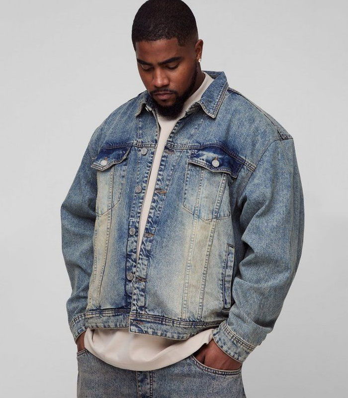 Plus Size Vintage Washed Spray Monkey Jean Jacket for Men Classic Retro Denim Coat