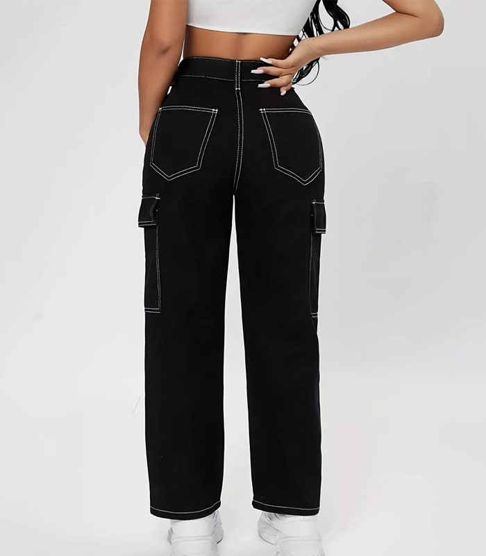 Stylish women's Kpop-inspired cargo jeans with multi-pocket design and crisp white stitching details