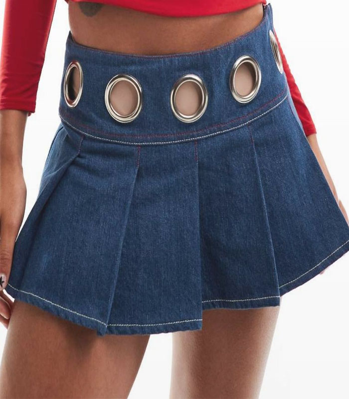 Women's Metal Mesh Waist Mini Pleated Denim Skirt – Stretch High-Waisted A-Line Denim Skirt with Button Front