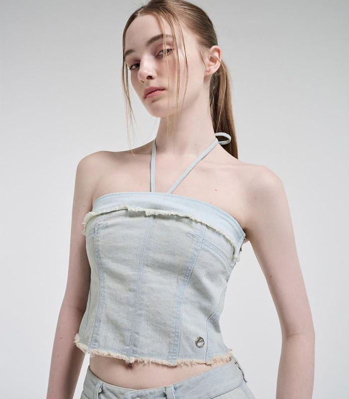 Boho-Chic Distressed Denim Wrap Bra Halter Neck & Raw Edge Design
