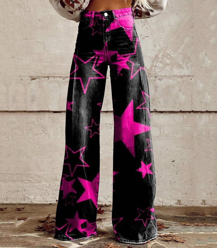 Pink Star Print Women's Print Casual Wide Leg Pants Custom Digital Print