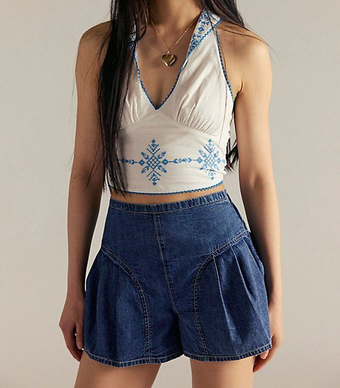 Premium 100% Cotton High-Waist Wide-Leg Denim Shorts Dark Blue Washed with Crinkle Design