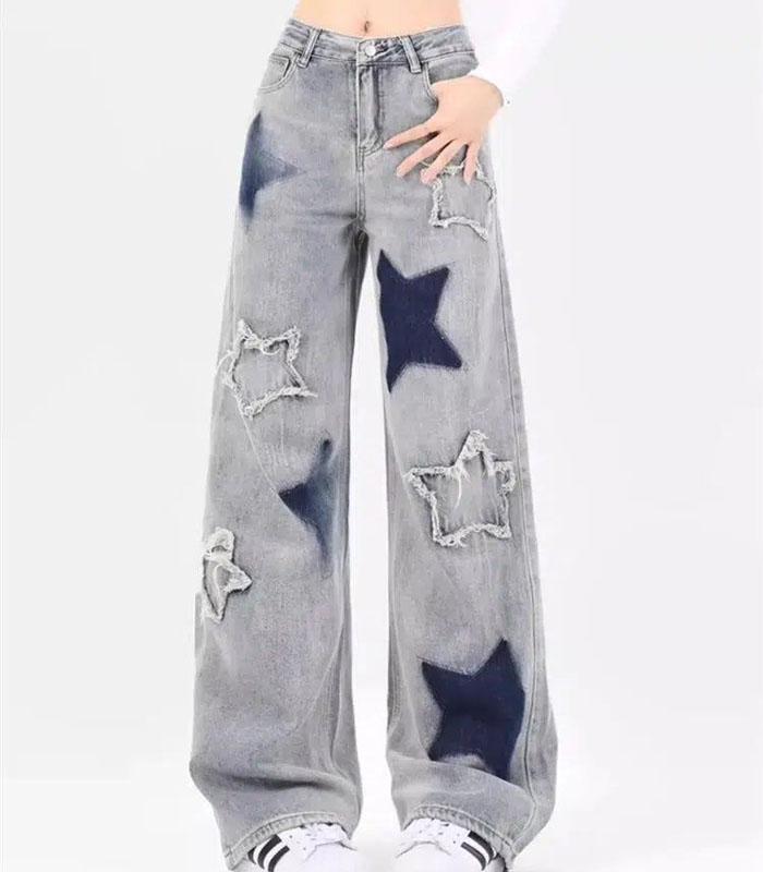 Star Design Embroidered Denim Low Waist Wide Leg Baggy Jeans - Dark blue