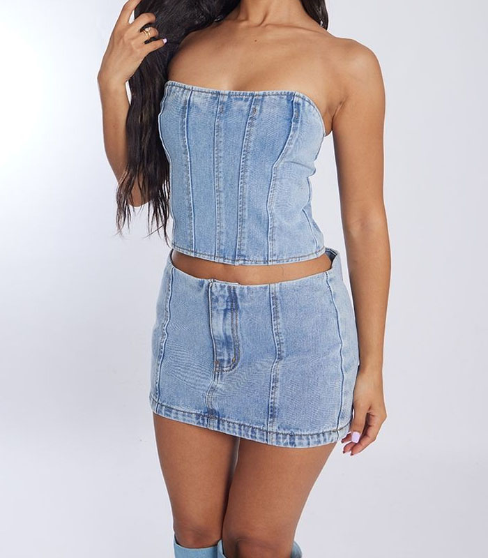 Distressed Light Blue Denim Two-Piece Set Bustier Top Raw Hem Short Skirt Y2K Styling