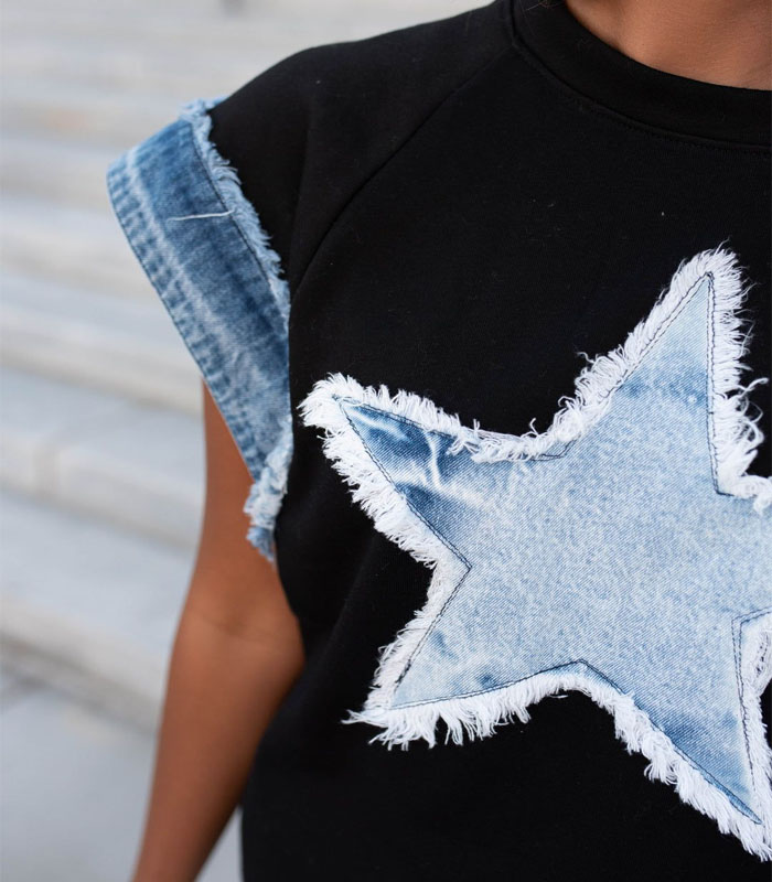Distressed Denim Jacket with Star Patches Raw Hem Vintage Style Frayed Jean Jacket for Women