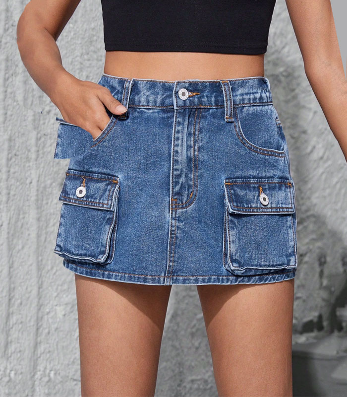 Teen Girl Y2k Vintage Street Style High-Waisted Flared Denim Skort With Pockets