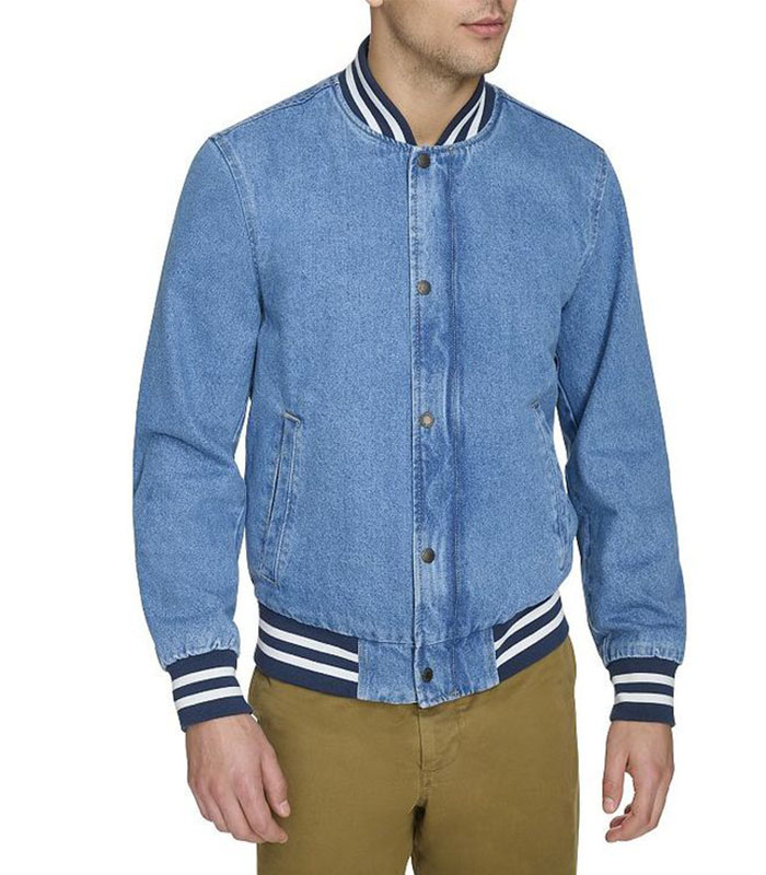 Men's Slim-Fit Light Blue Washed Denim Jacket Stand Collar Stylish Alumni Inspired Casual Coat