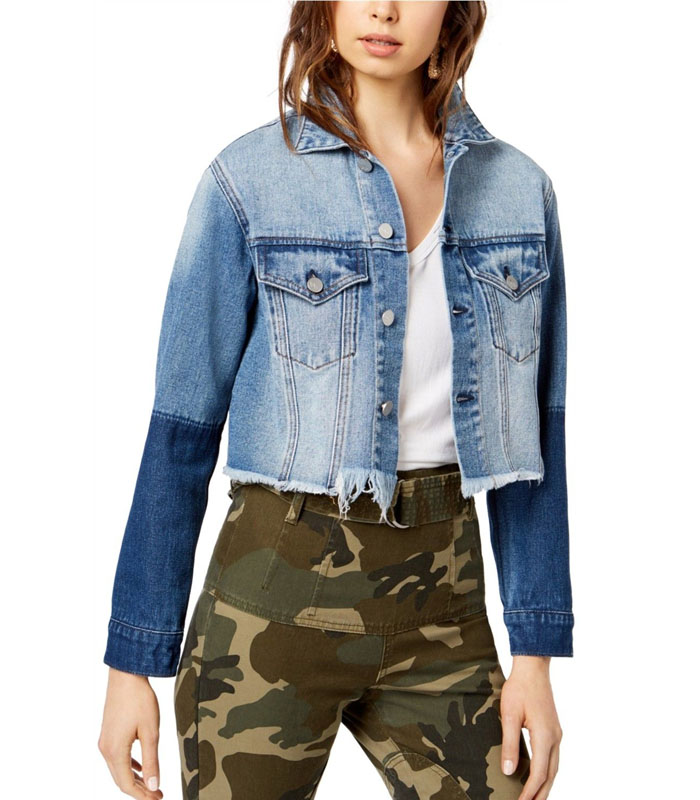 Distressed Washed Cropped Denim Jacket for Women Bicolor Sleeve Design Raw Edge Hem Fitted Stylish Coat