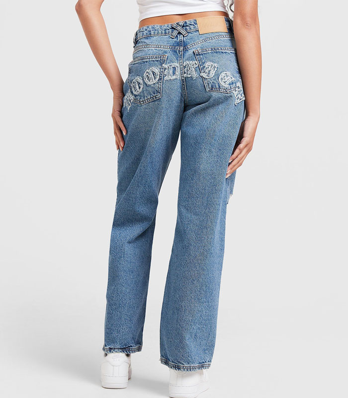 Light Blue Straight Leg Jeans with Embroidered Appliqué Floral Patches – Women's Casual Denim Pants