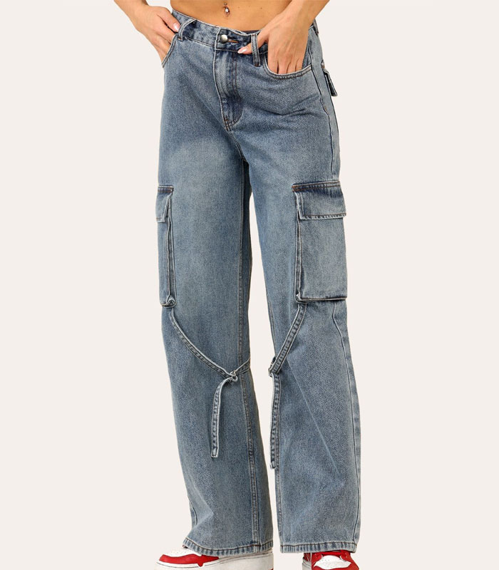Cargo Jeans Denim Blue Straight Wide Leg Baggy Jeans