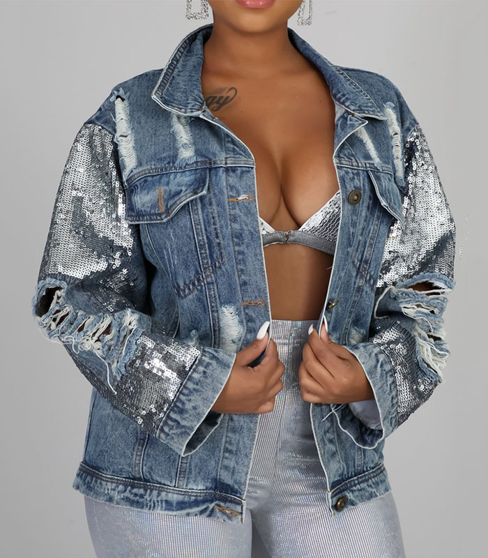 Sexy Solid Sequins Turndown Collar Long Sleeve Regular Denim Jacke