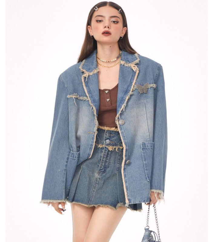 American Retro Mid Length Casual Loose Denim Jacket - Denim blue