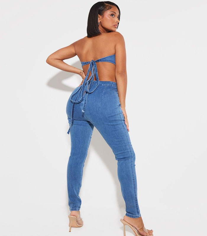 Mid Blue Wash Cup Tie Back Denim Jumpsuit
