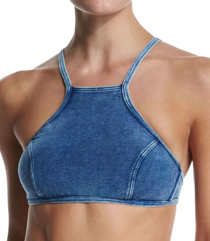 Minimalist Washed Denim Bikini Crop Top - Stretchy Comfort Fit, Fashionable Swim Cover-Up