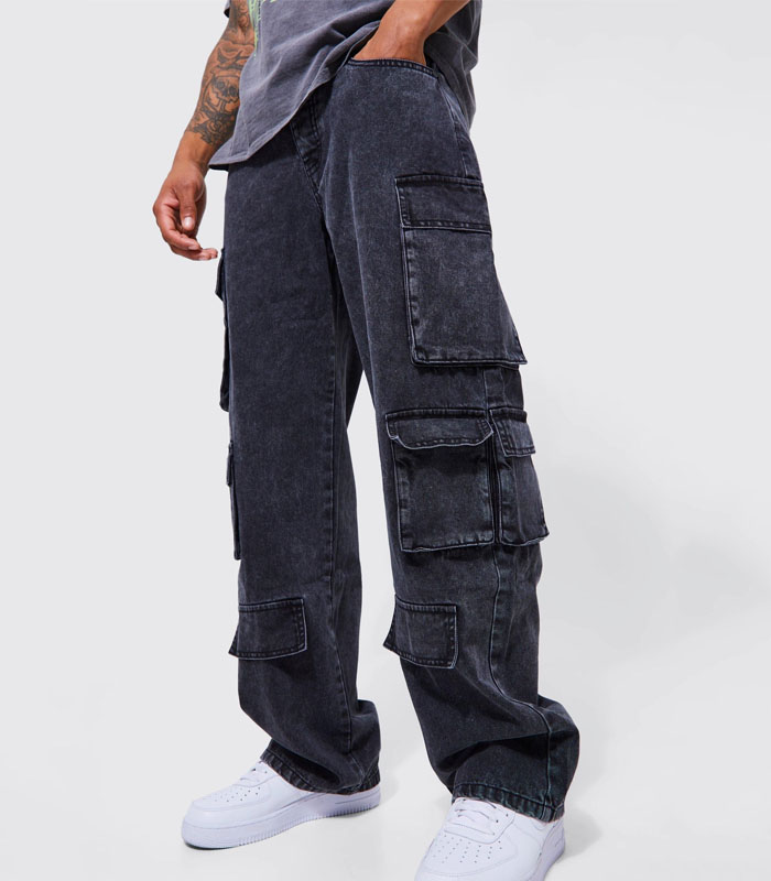 Relaxed Fit Acid Wash black Cargo Jeans