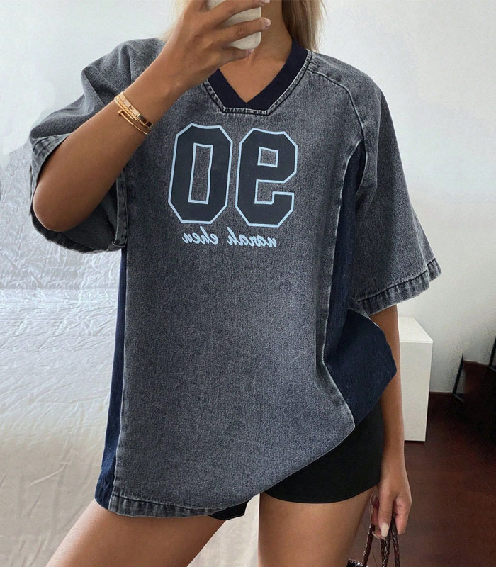 Women V-Neck Contrast Color Letter Print Loose Denim Short Sleeve