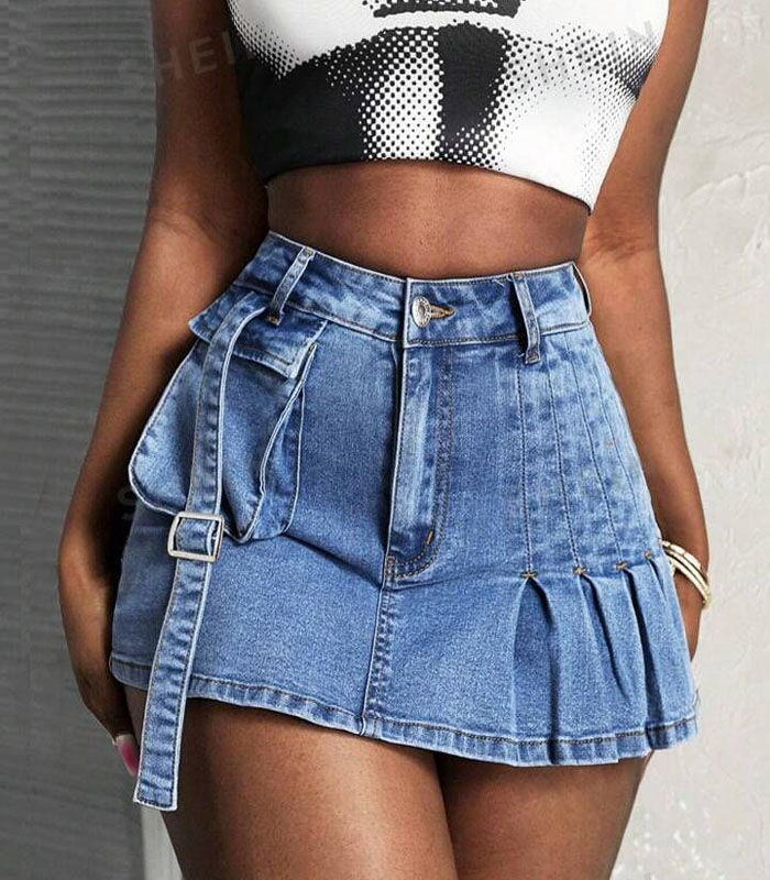 Light Blue Denim Mini Skirt – Stretchy Fit, Side Pockets, Ruched Detailing, Comfortable Women's Skirt