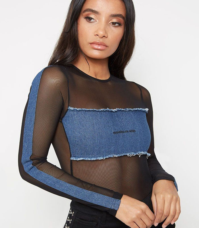 Sheer Mesh Insert Denim Top Chic Seductive Outwear