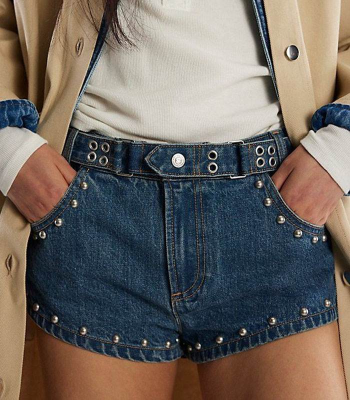 Women's Mid-Rise Washed Denim Shorts with Metal Rivet Embellished Waistband Distressed Casual Style