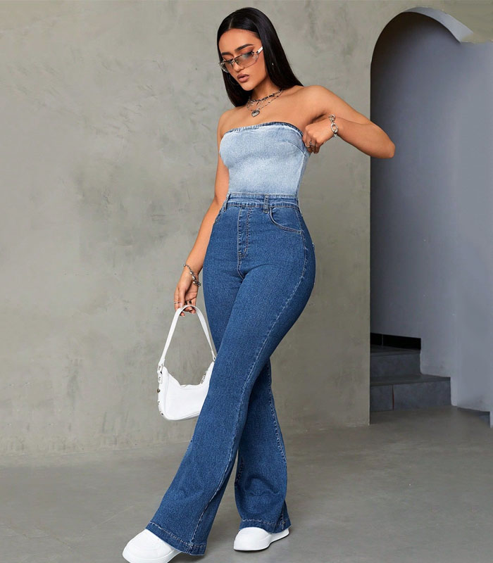 Strapless Denim Jumpsuit With Flared Bottom