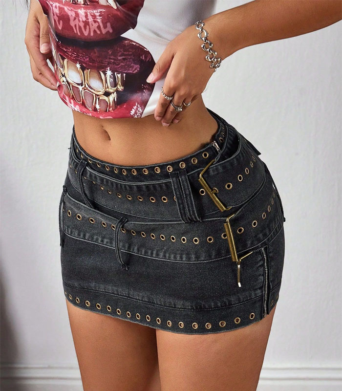 Women's Solid-Color Metallic Eyelet Zipper Bodycon Denim Skirt, Sexy Fashionable