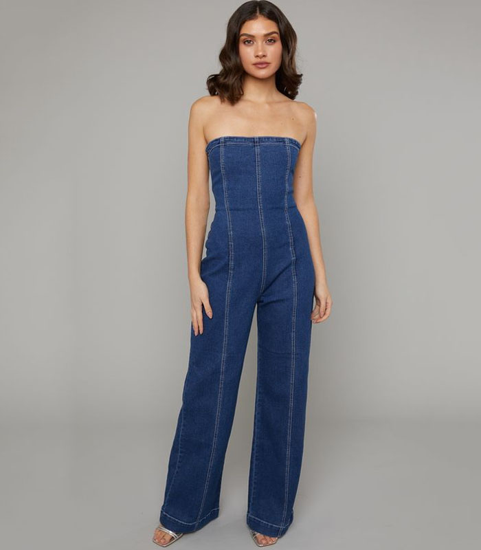 Dark Strapless Bandeau Jumpsuit Stretchy High-Waisted Romper for women